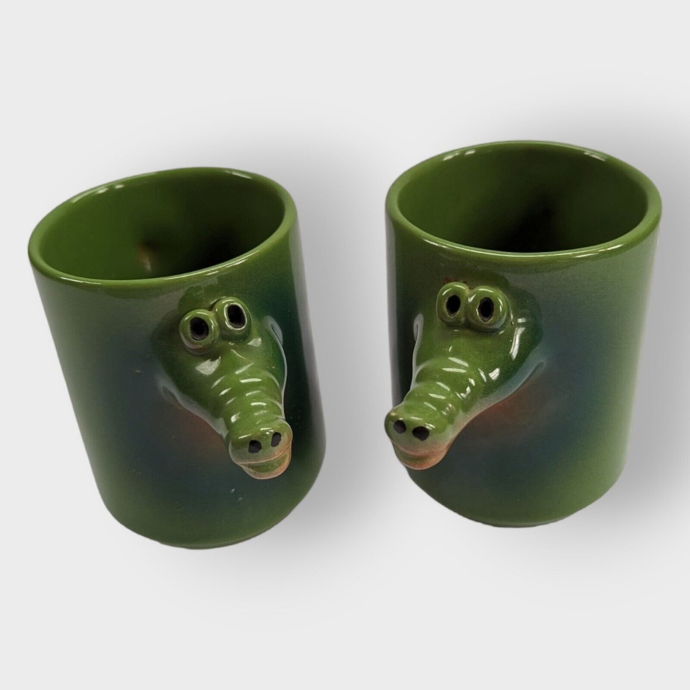 John Groth Whimsical Ceramic Alligator Crocodile Mugs Cups Set of 2 Vintage
